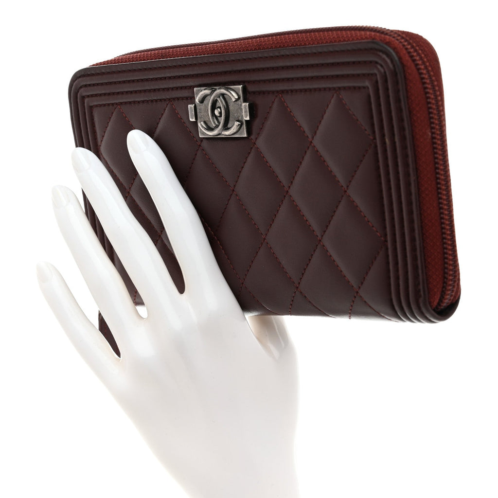 Lambskin Quilted Boy Zip Around Wallet Burgundy
