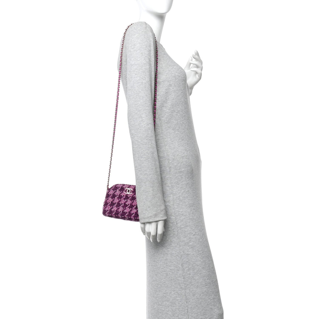 Chanel Tweed Quilted Mini Clutch With Chain Purple