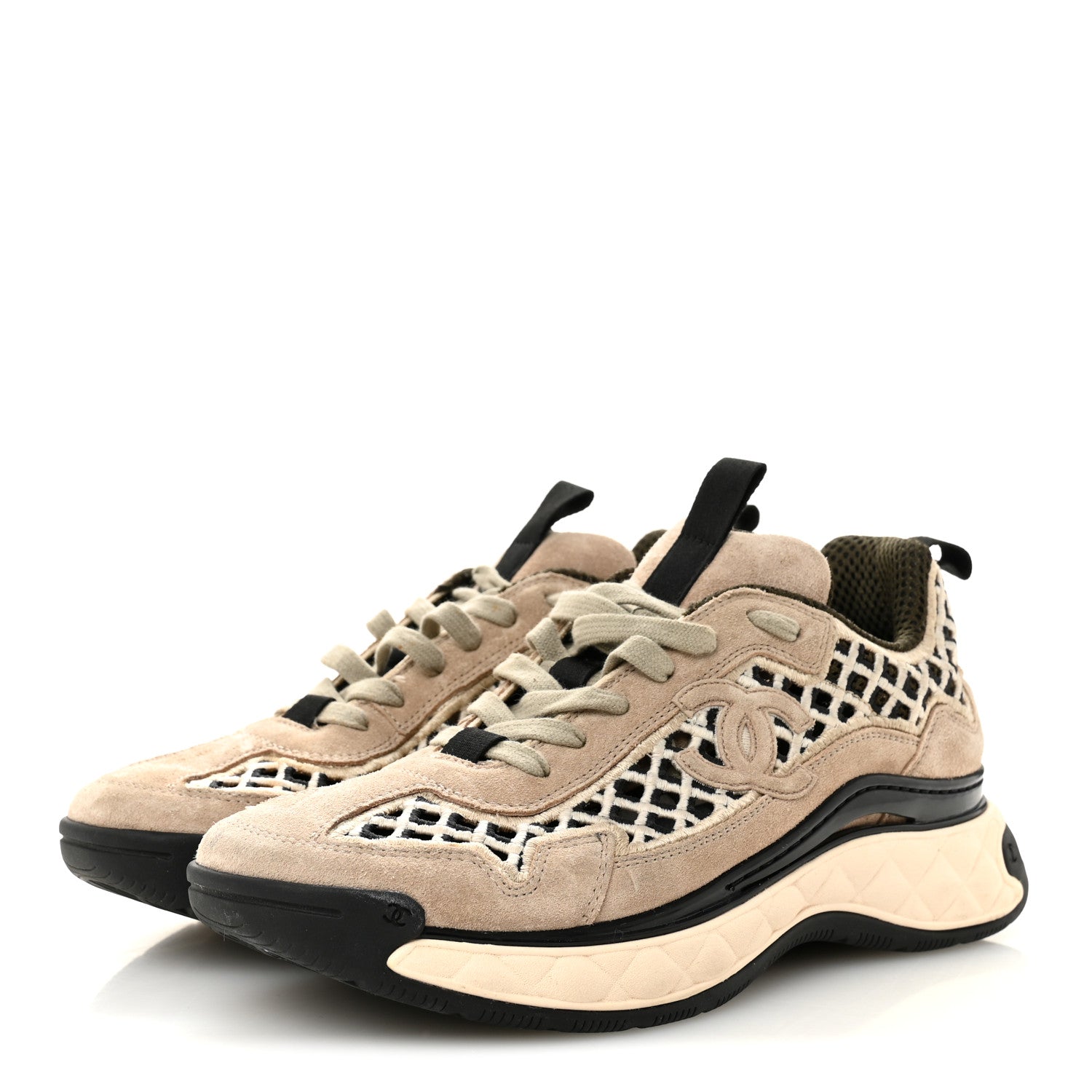 Chanel Suede Calfskin Embroidered CC Sneakers 39 Beige Black