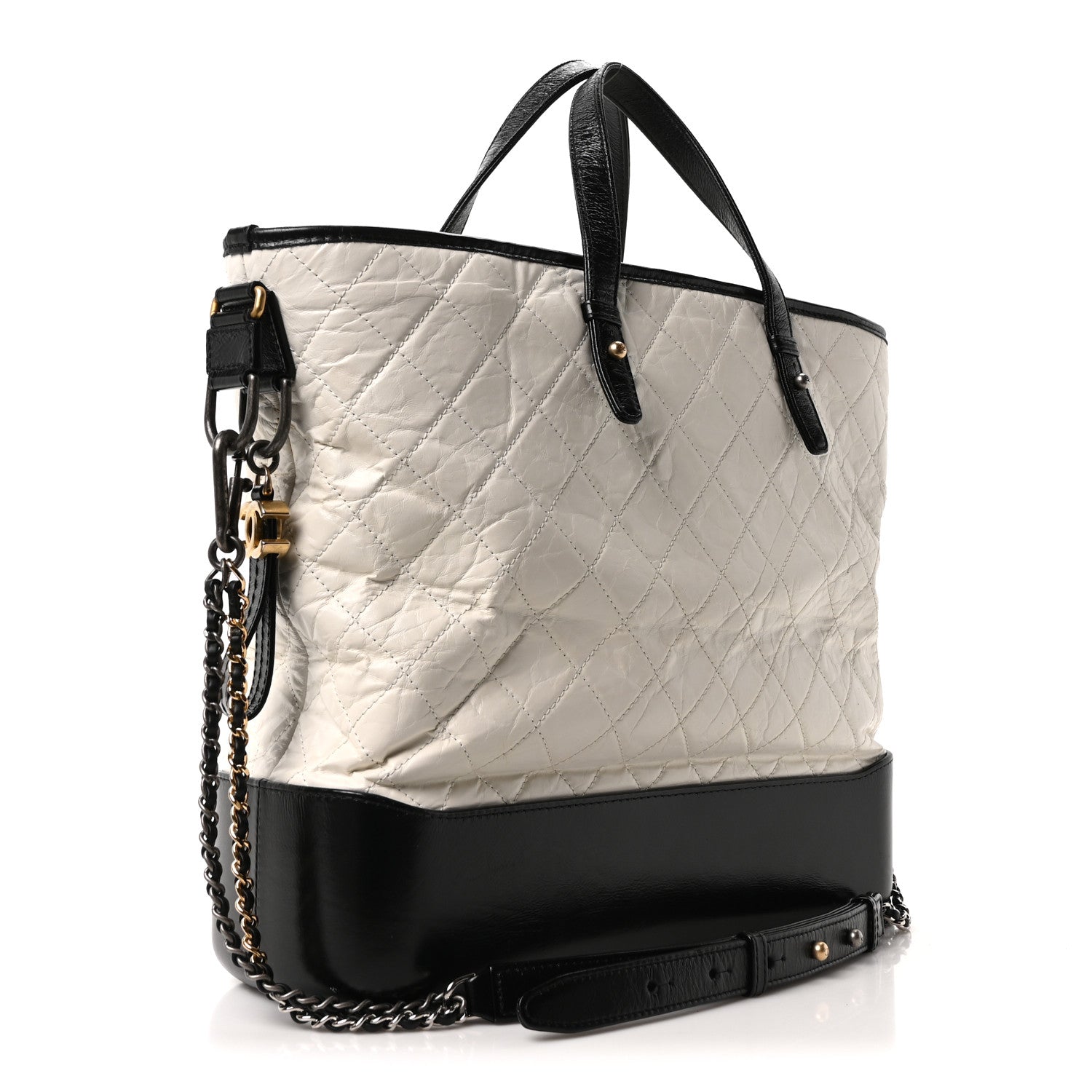 Chanel Aged Calfskin Quilted Large Gabrielle Shopping Tote White Black