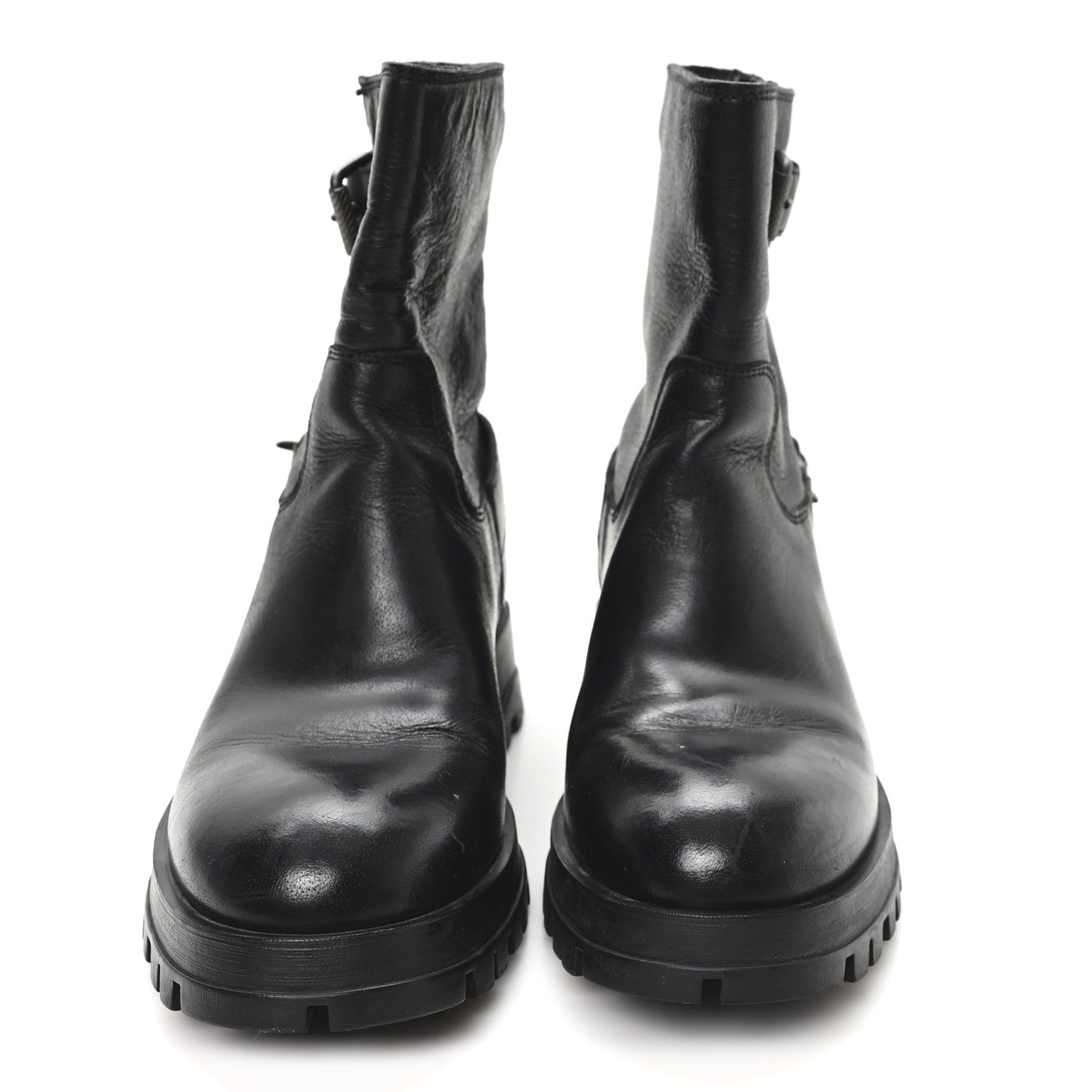 Prada Calfskin Double Buckle Combat Boots 37 Black