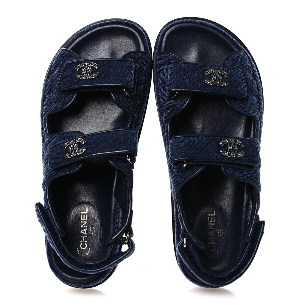Chanel Velvet Velcro Dad Sandals 37.5 Blue