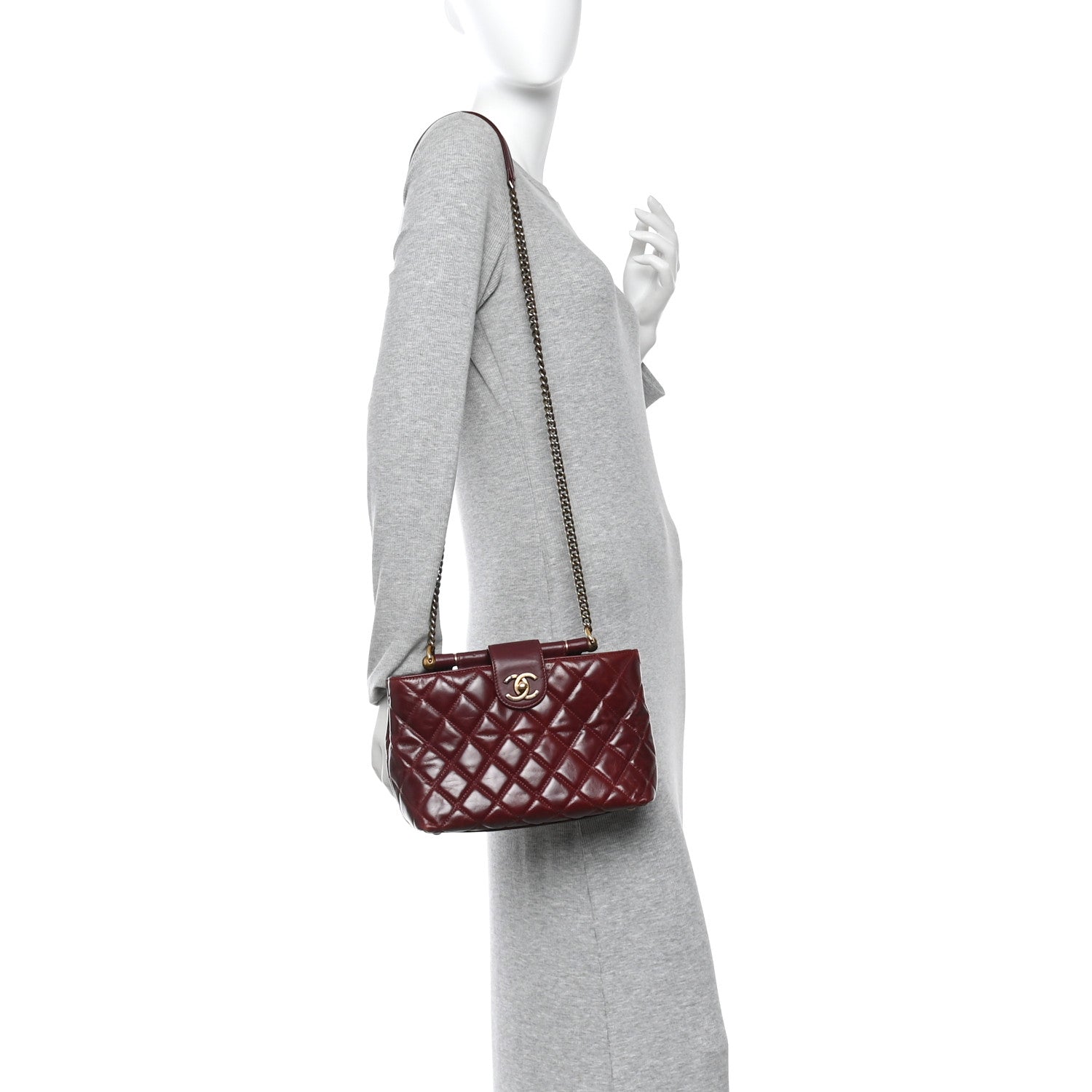 Chanel Glazed Calfskin Quilted Small Gold Bar Tote Red