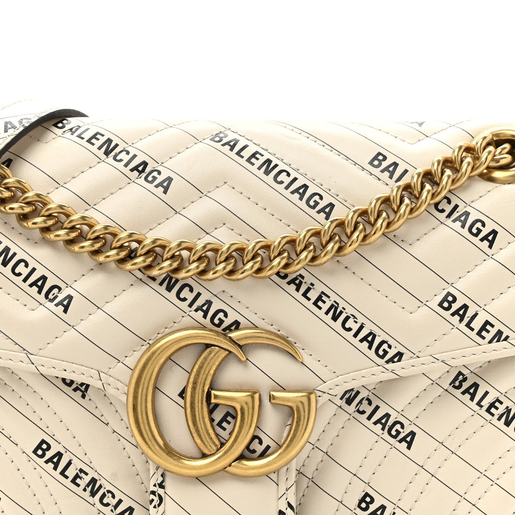 Gucci X BALENCIAGA Calfskin Matelasse Logo Print Small GG Marmont Shoulder Bag White