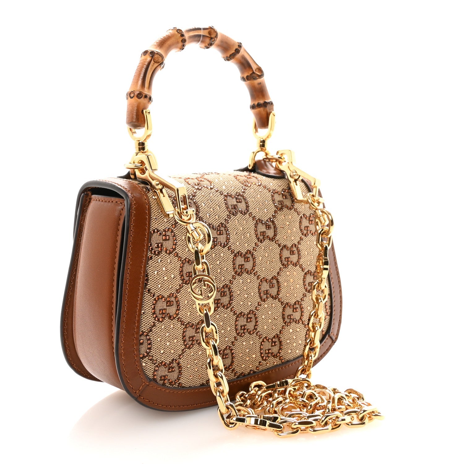 Gucci New Canvas Charisma Calfskin Crystal GG Monogram Small Bamboo 1947 Top Handle Bag Camel Ebony