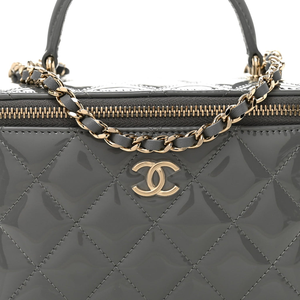 Chanel Patent Quilted Quilted Small Top Handle Vanity Case With Chain Grey