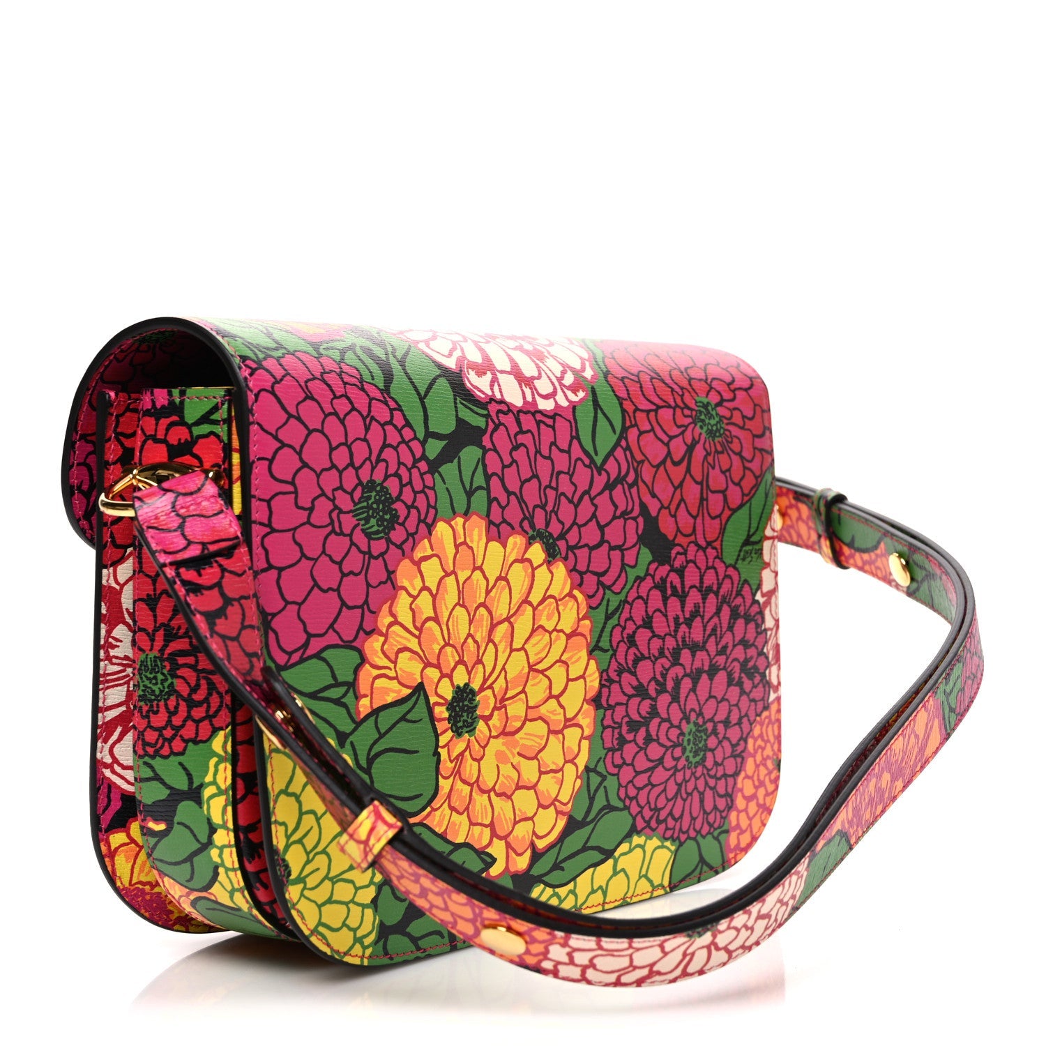Gucci X KEN SCOTT New Shangai Calfskin Pomponica Print Horsebit 1955 Shoulder Bag Multicolor Fuxia Pompon