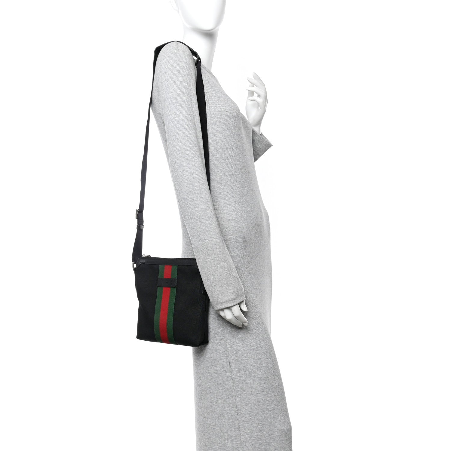 Gucci Techno Canvas Selleria Calfskin Web Small Flat Messenger Bag Black