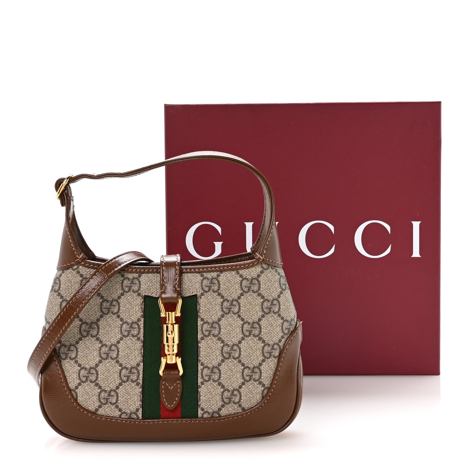 Gucci GG Supreme Monogram Azalea Calfskin Web Mini Jackie 1961 Hobo Beige Ebony Brown Sugar