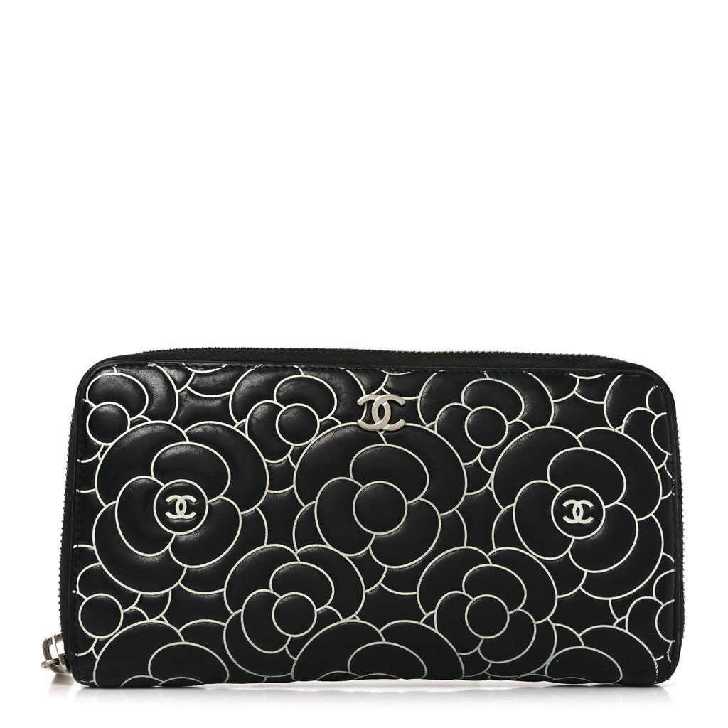 Lambskin Camellia Embossed Large Zip Around Gusset Wallet Black White