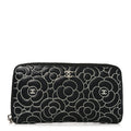 Lambskin Camellia Embossed Large Zip Around Gusset Wallet Black White