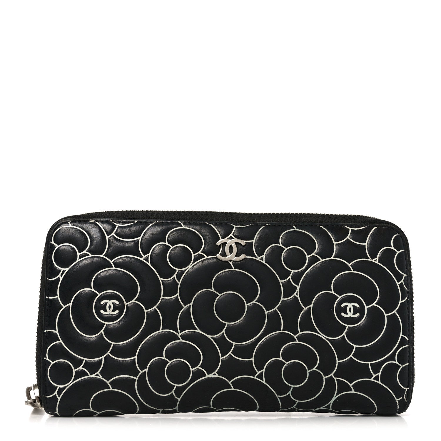 Lambskin Camellia Embossed Large Zip Around Gusset Wallet Black White
