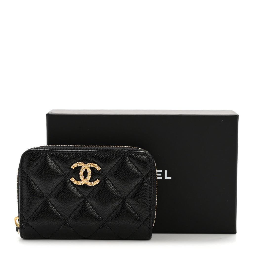 Caviar Quilted Crystal Zip Around Coin Purse Wallet Black