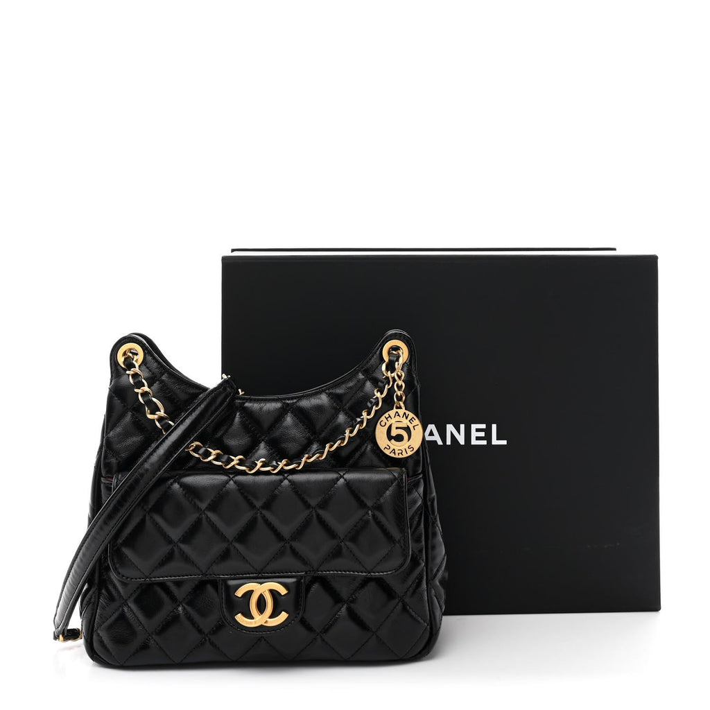 Chanel Shiny Crumpled Calfskin Quilted Wavy CC Hobo Black
