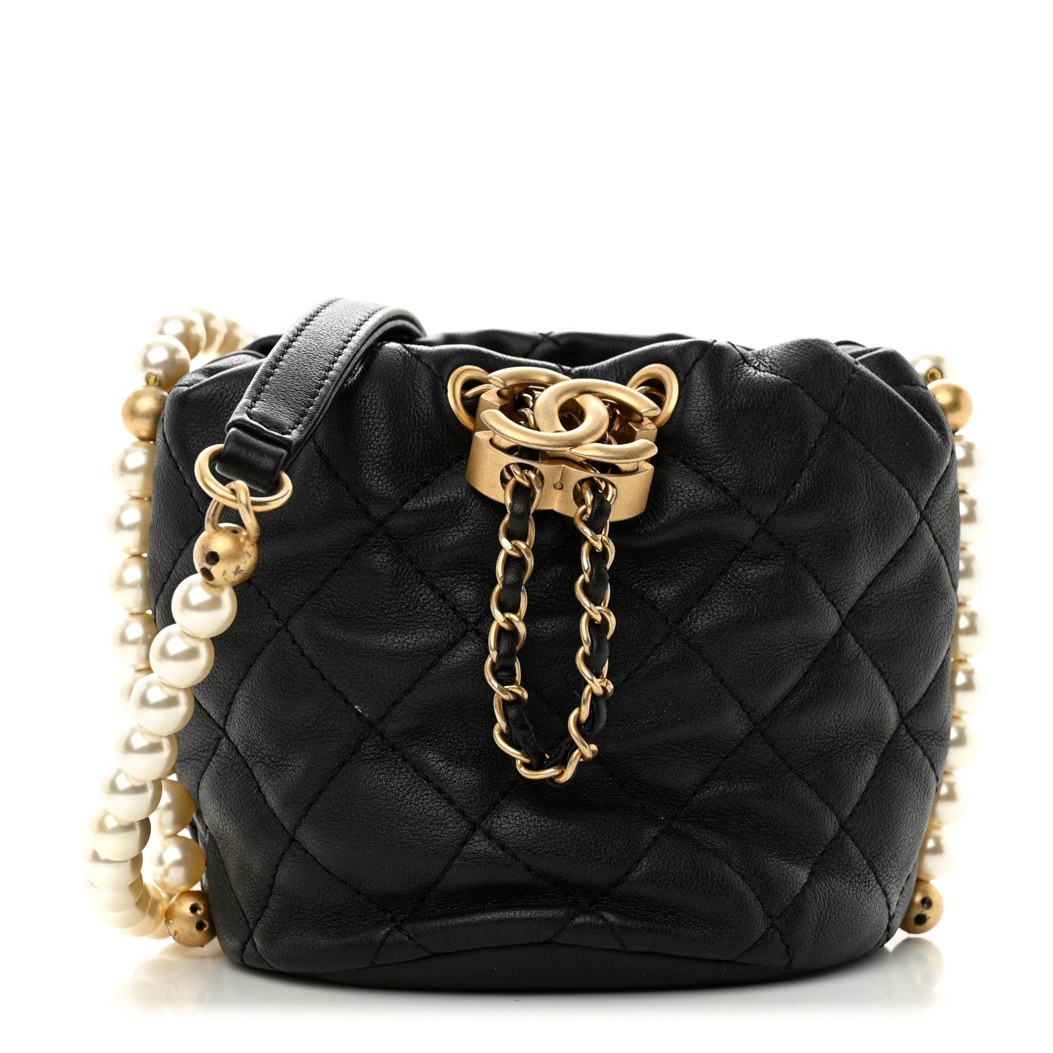 Chanel Calfskin Quilted Pearl Mini About Pearls Drawstring Bucket Bag Black
