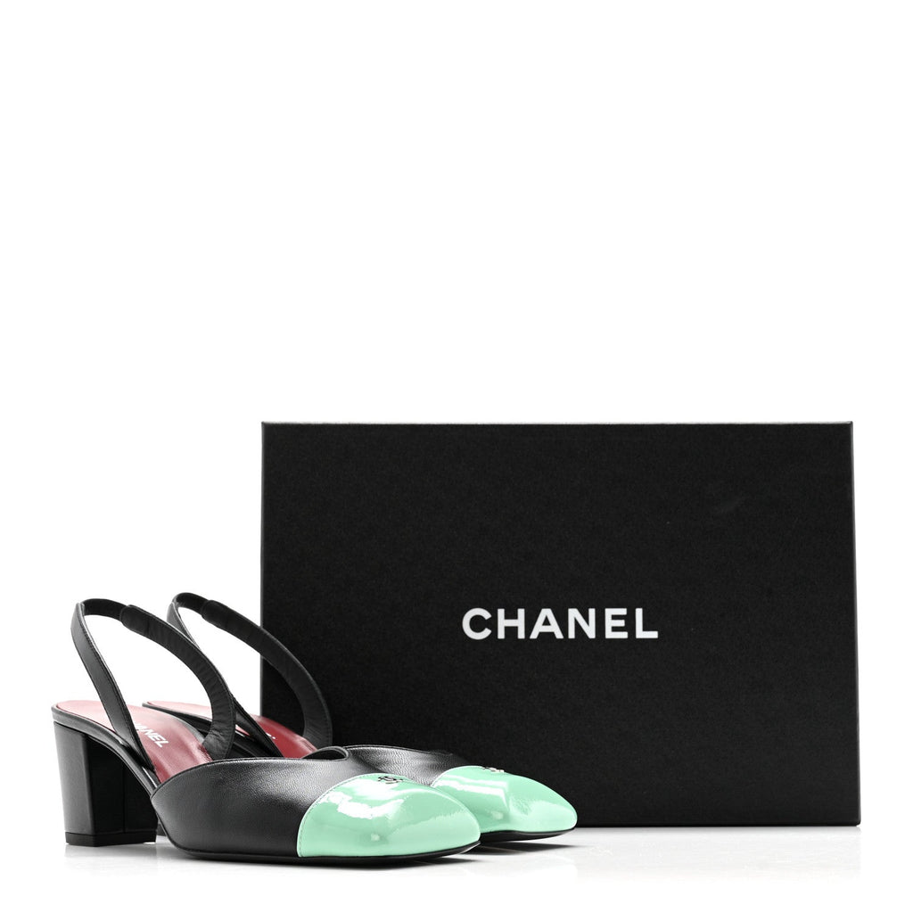 Lambskin Patent Calfskin Cap Toe CC Slingback Pumps 37 Black Green