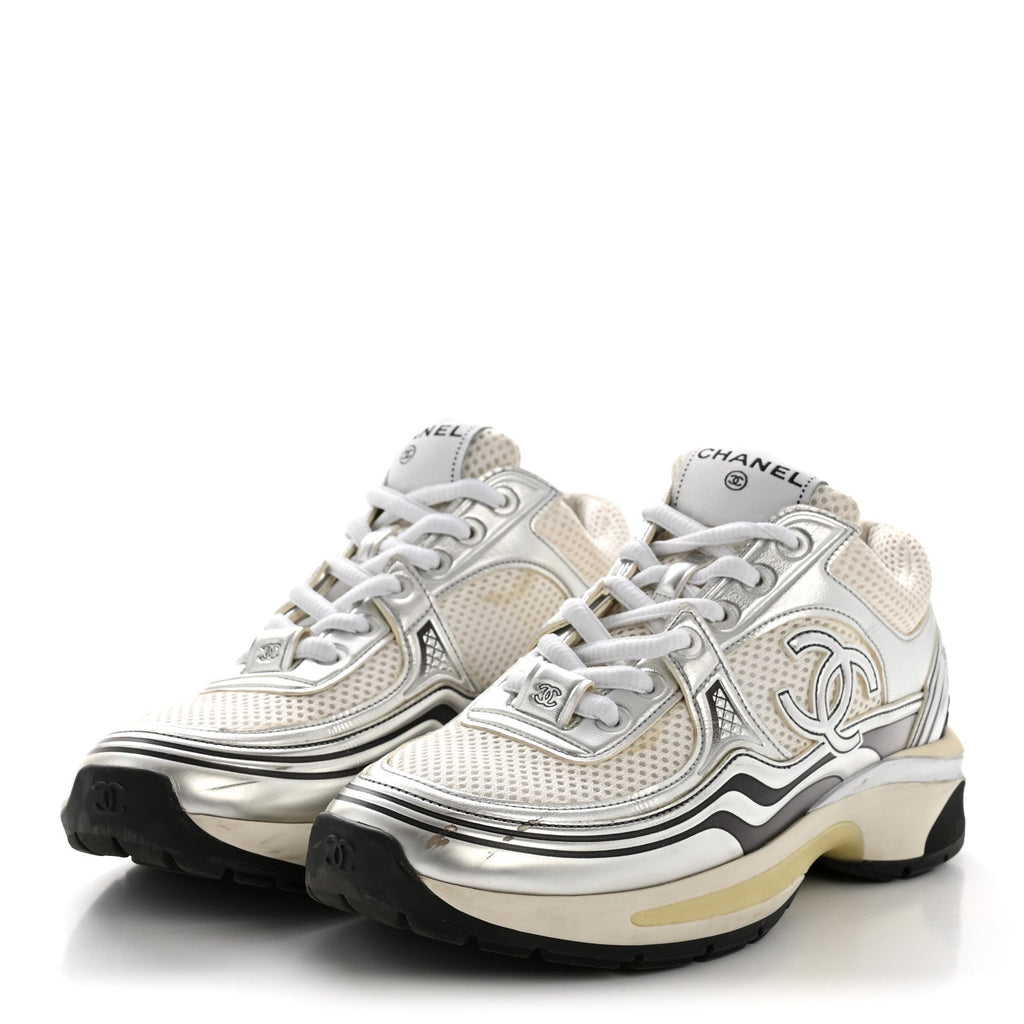 Fabric Laminated Calfskin Stretch CC Sneakers 36 White Silver