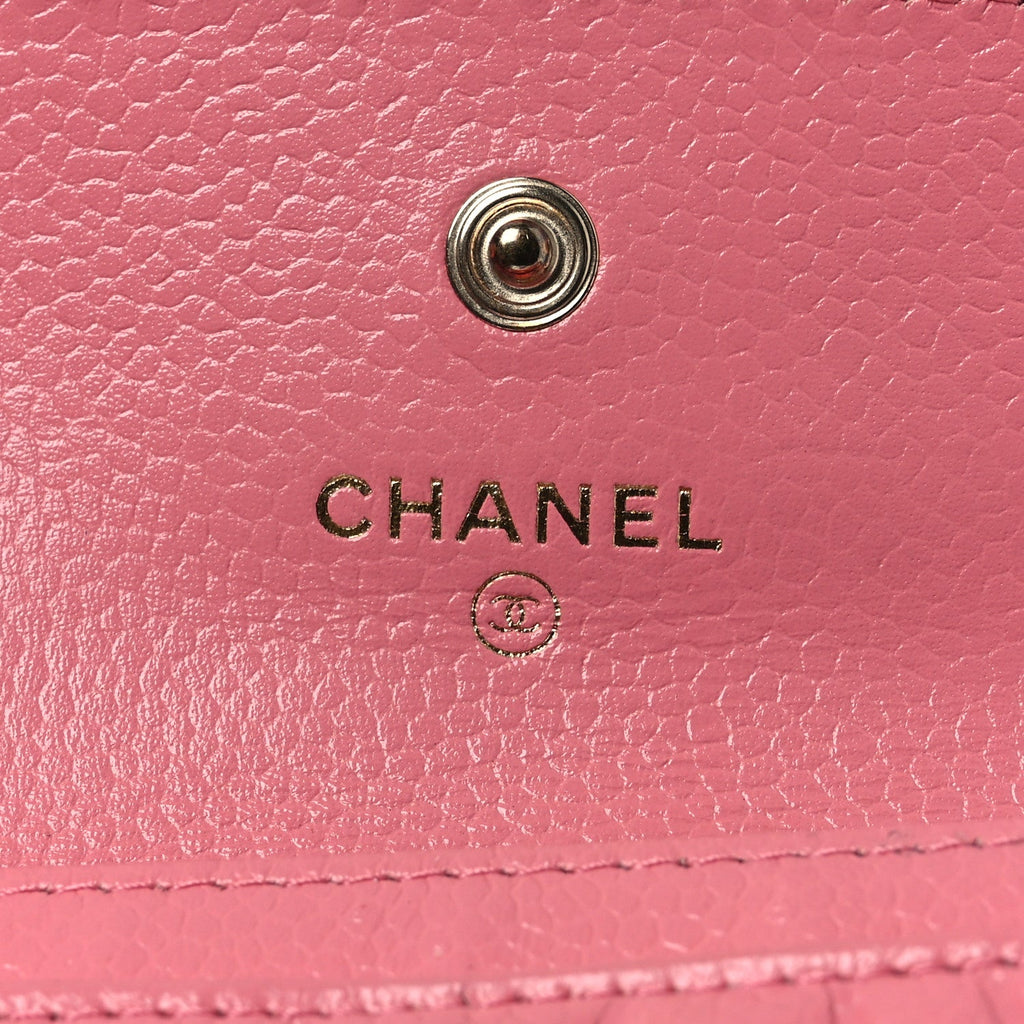 Caviar Camellia Embossed Card Holder Wallet Pink