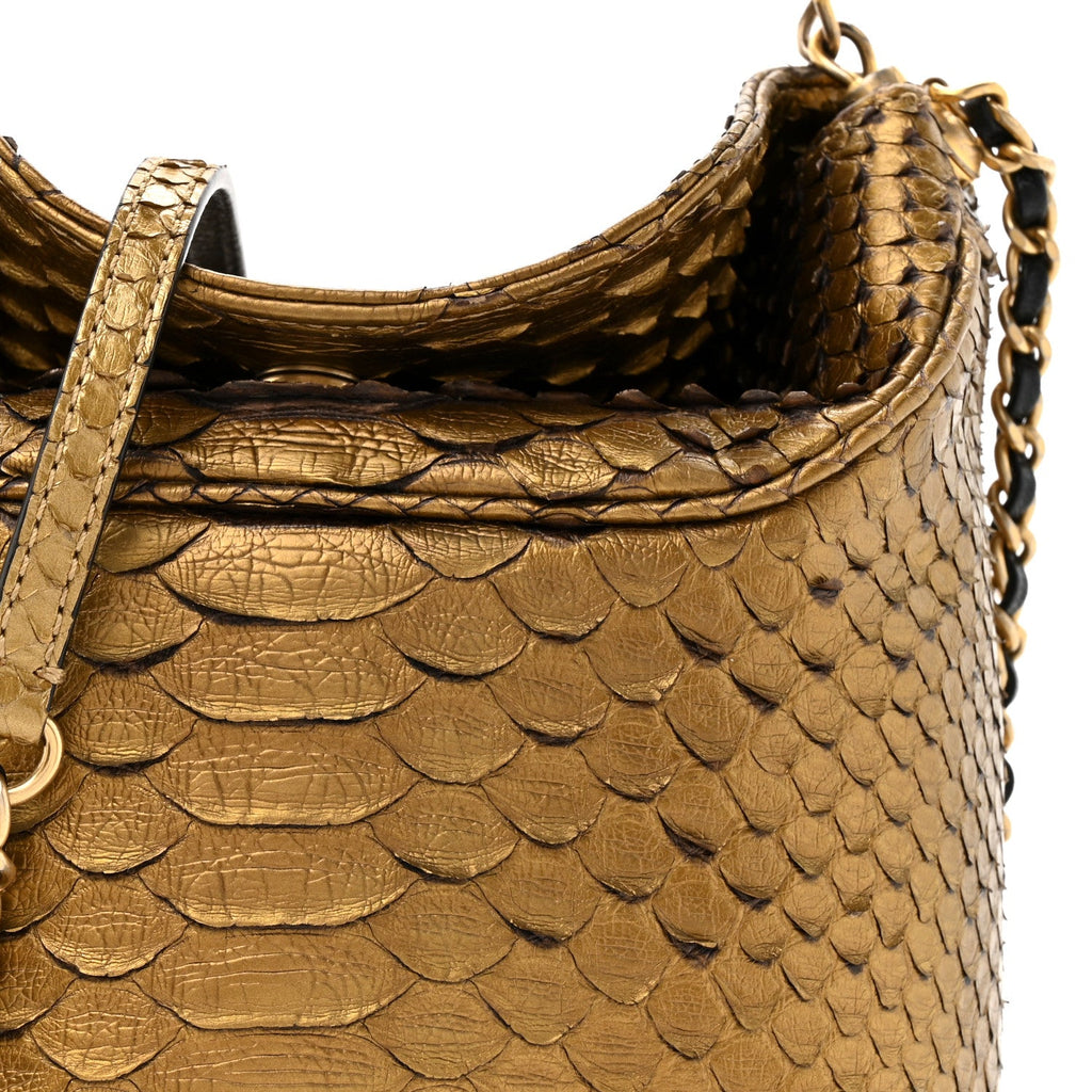 Chanel Metallic Snakeskin Paris Hamburg Drawstring Bucket Bag Gold