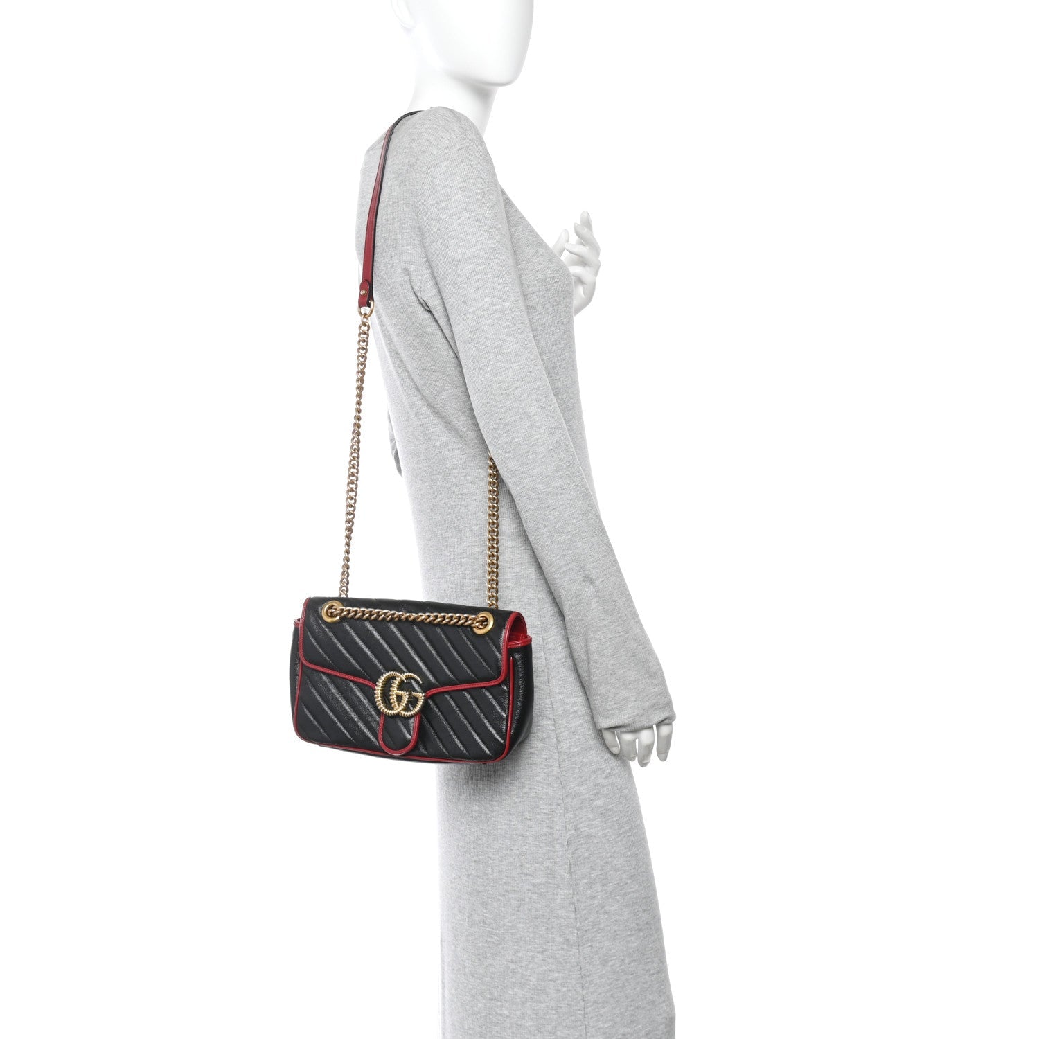 Gucci Vintage Effect Calfskin Matelasse Diagonal Small Torchon GG Marmont Shoulder Bag Black Romantic Cherry