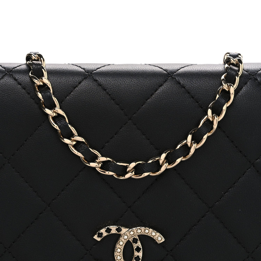 Chanel Lambskin Pearl Strass Quilted CC Wallet on Chain WOC Black