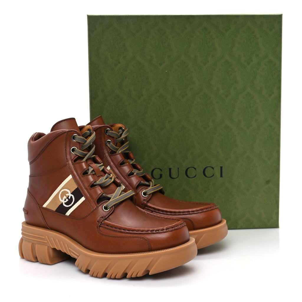 Gucci Quebec Calfskin Web Mens Interlocking G Lace Up Combat Up Combat Boots 8 Cuir Mystic White Ebony Beige