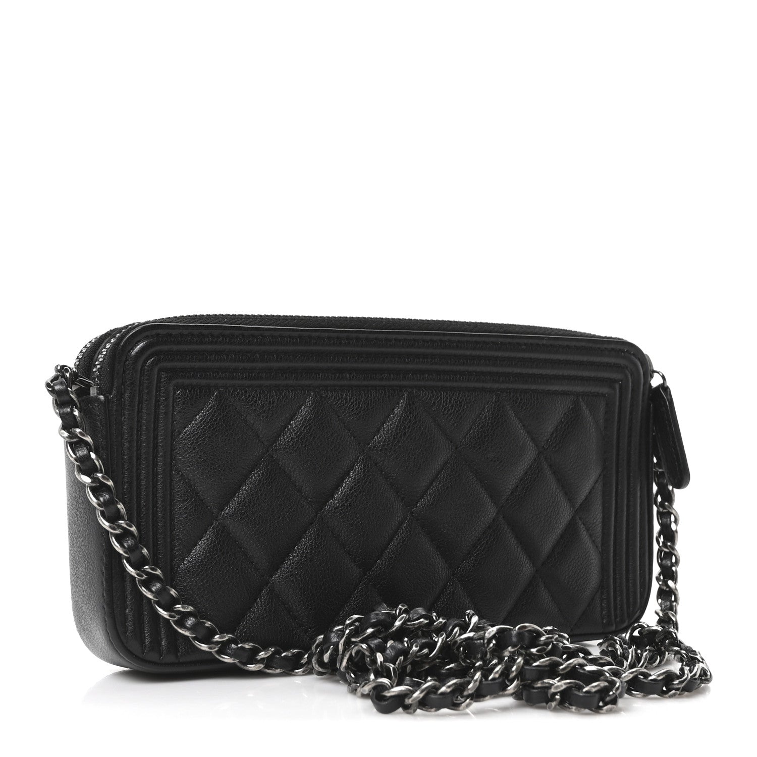 Chanel Grained Calfskin Quilted Boy Phone Holder Wallet On Chain Black