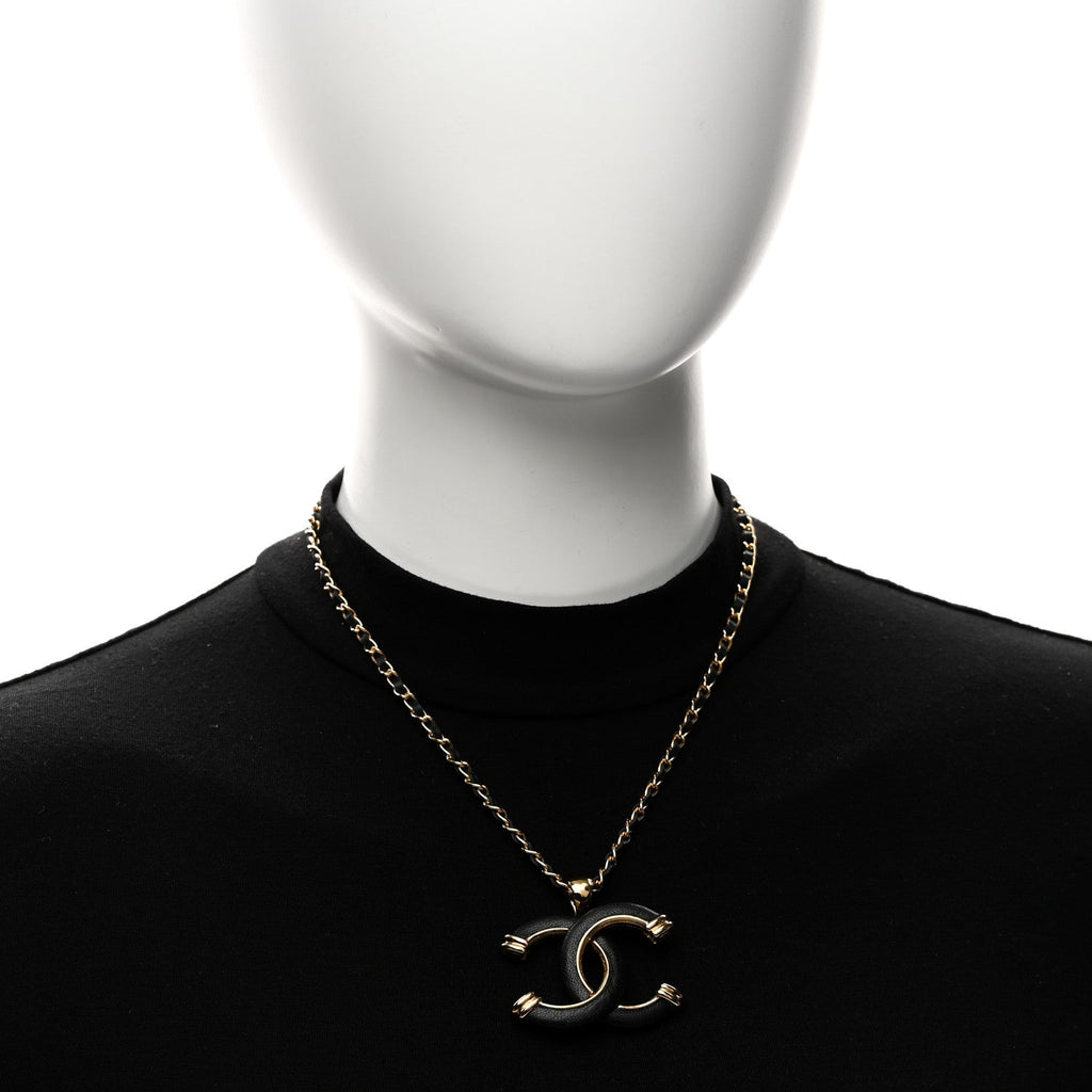 Metal Lambskin Chain CC Necklace Black Gold