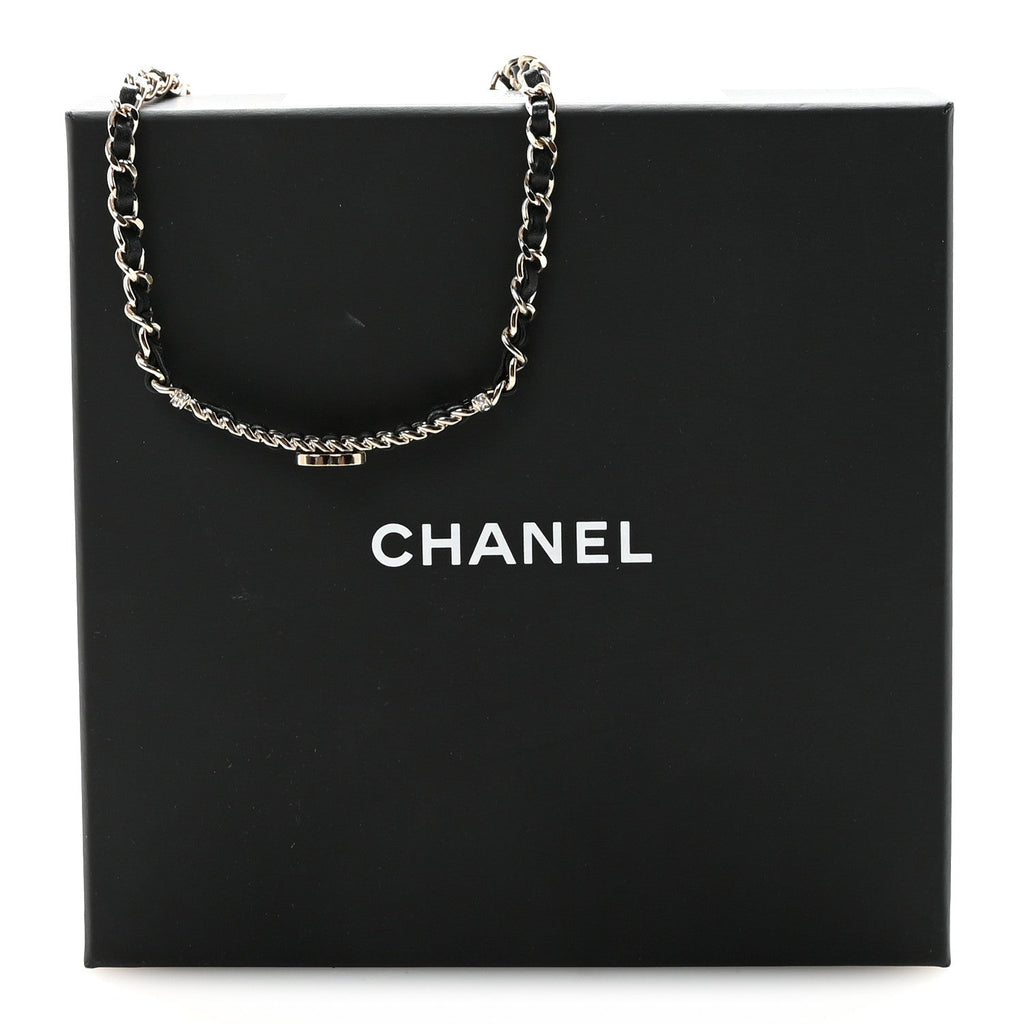 Metal Lambskin Crystal CC Choker Necklace Black Gold