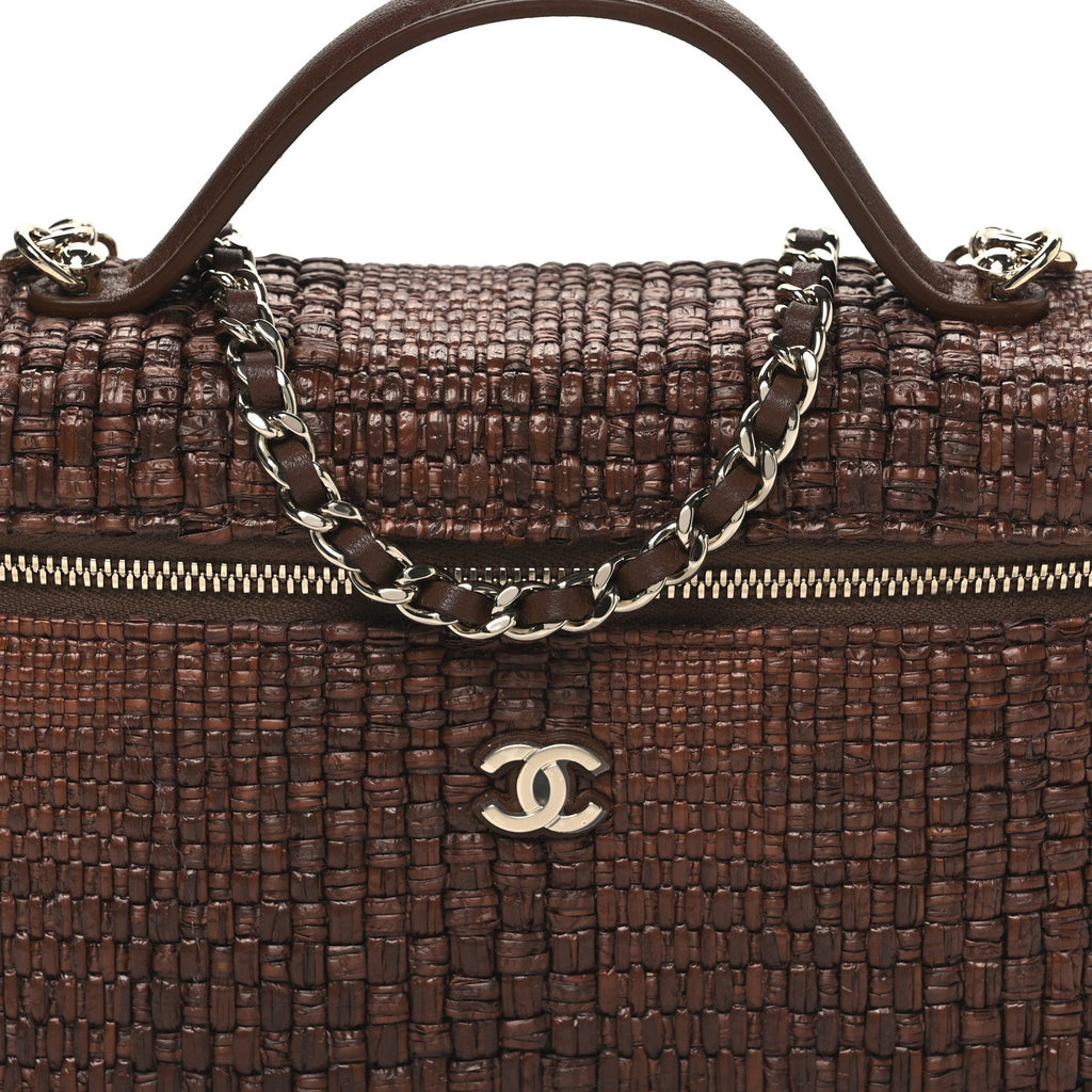 Chanel Braided Raffia Quilted Top Handle Slim Vanity With Chain Brown