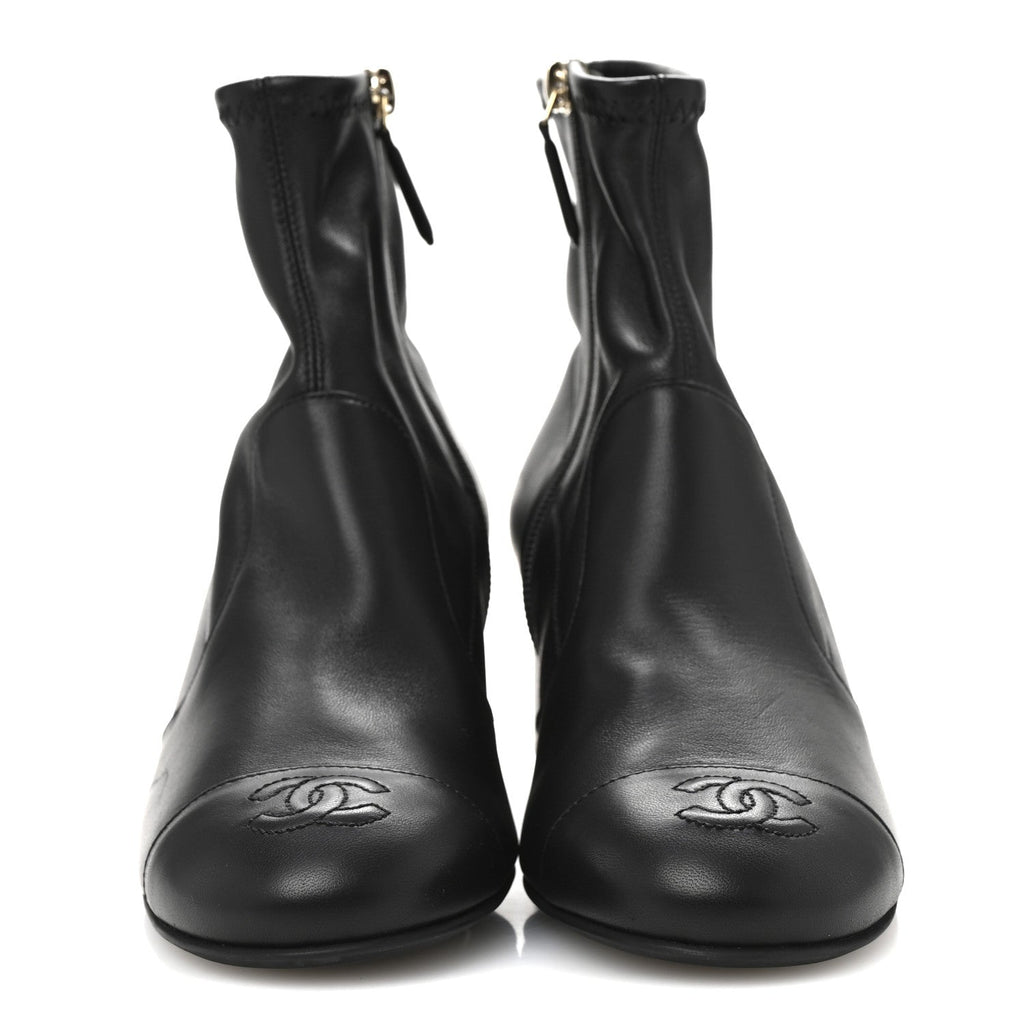 Chanel Stretch Lambskin Cap Toe CC Uniform Short Boots 37.5 Black