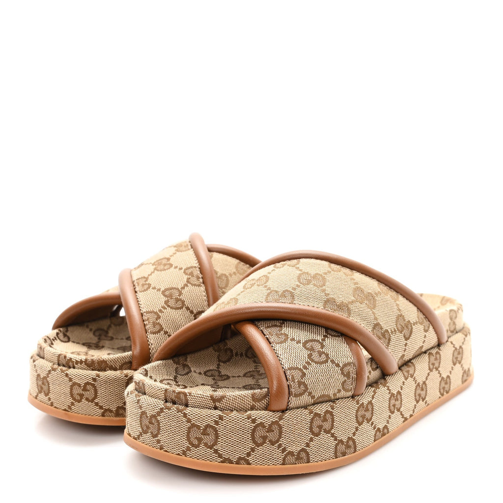 Gucci Monogram GG Calfskin Angelina Platform 55mm Slide Sandals 35 Camel Ebony