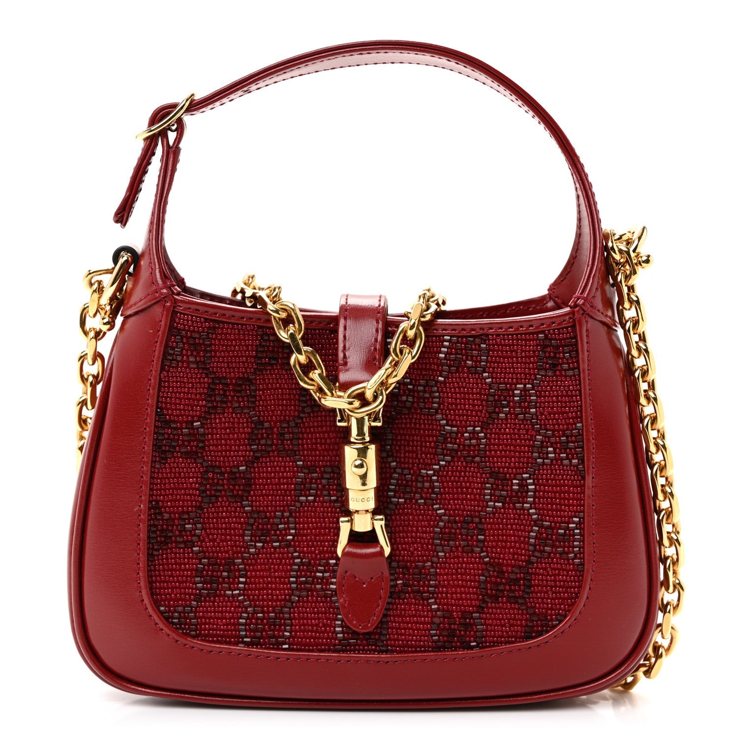 Gucci Calfskin Beaded Embroidery GG Monogram Mini Jackie 1961 Cherry Red