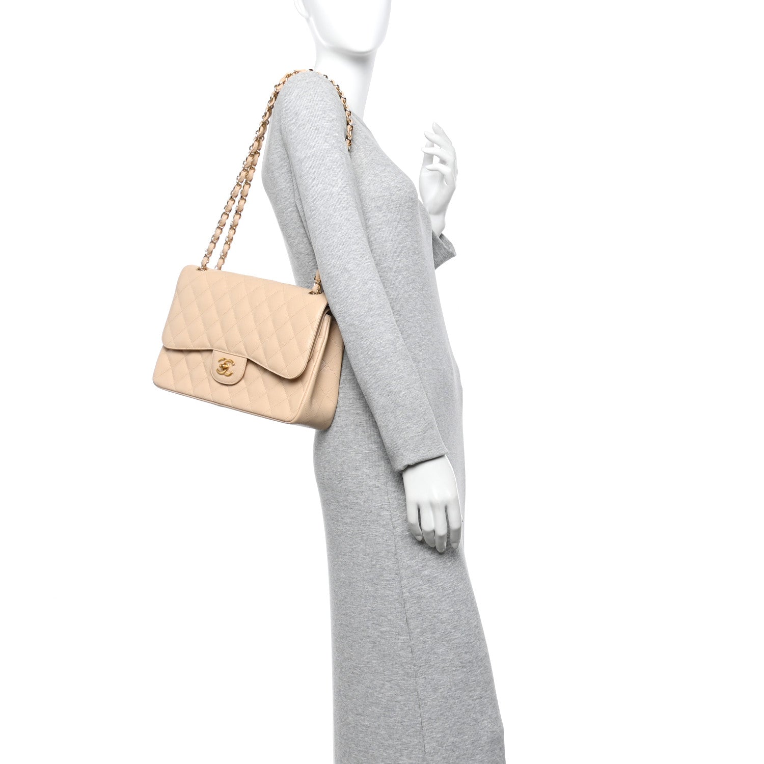 Chanel Caviar Quilted Jumbo Double Flap Beige