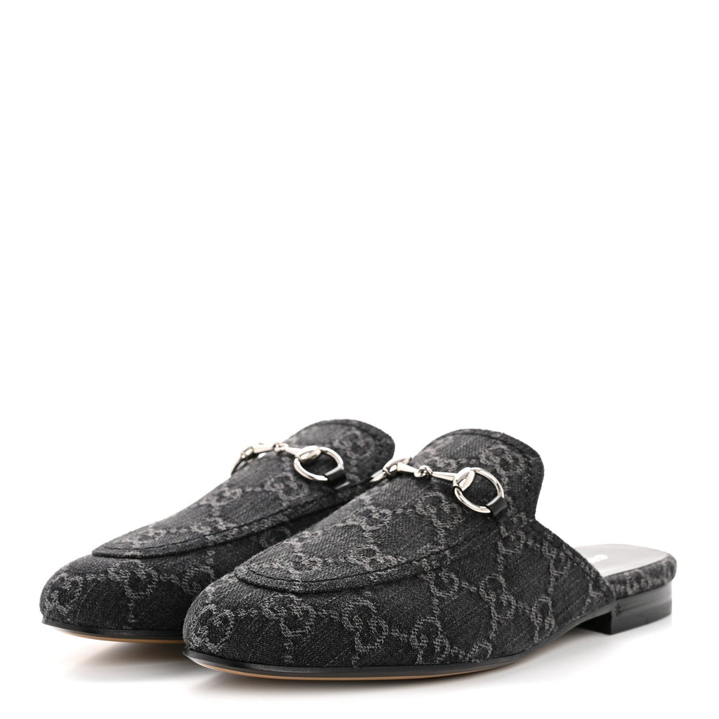Gucci New Denim GG Malaga Kid Womens Princetown Slippers 36 Grey Black