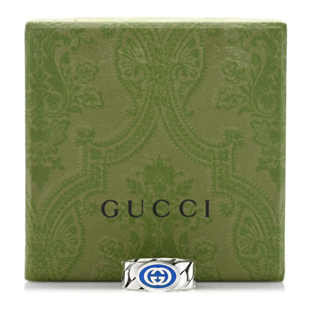 Gucci Sterling Silver Enamel Interlocking G Chain Ring 61 9.75 Blue