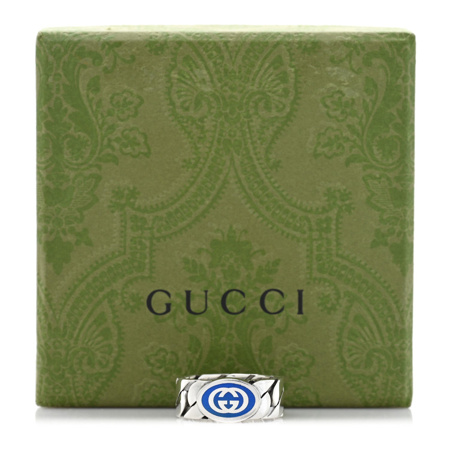 Gucci Sterling Silver Enamel Interlocking G Chain Ring 61 9.75 Blue