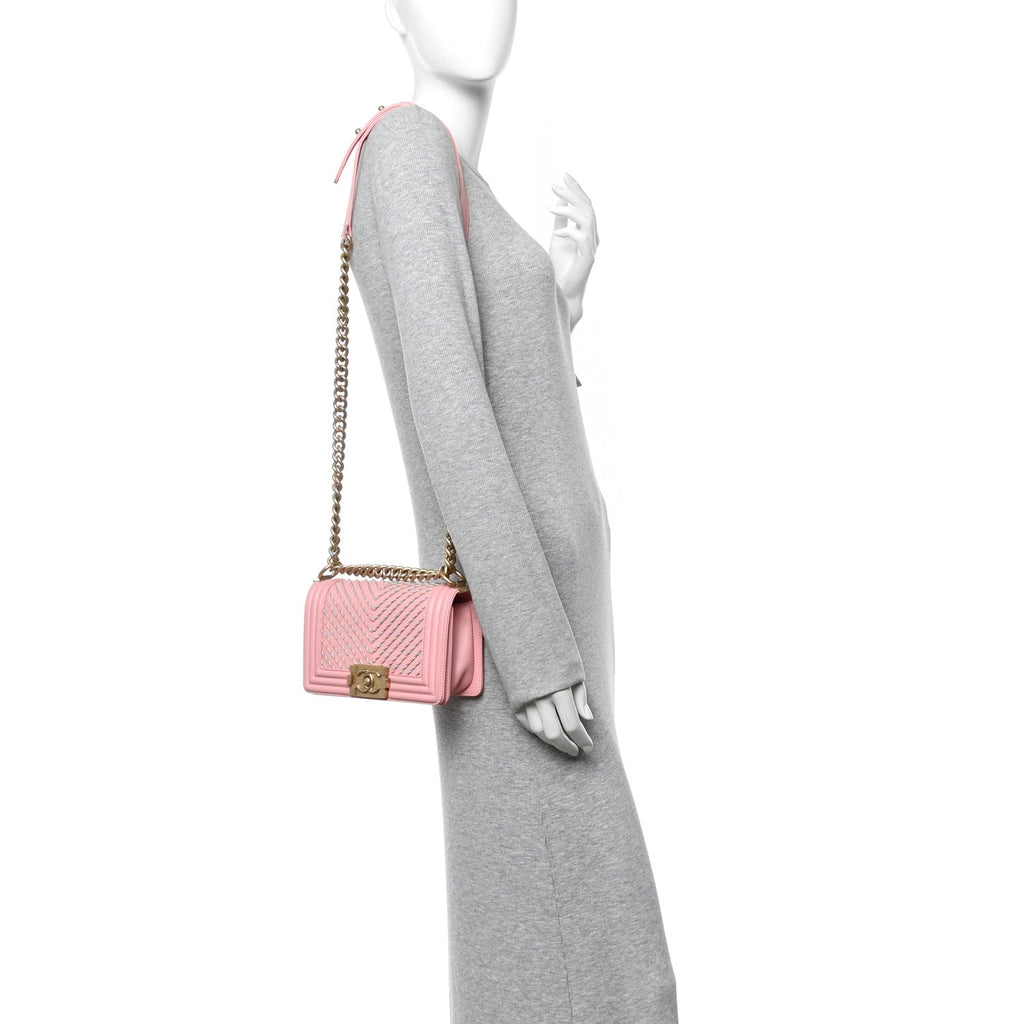 Chanel Calfskin Chevron Embroidered Small Boy By The Sea Flap Pink