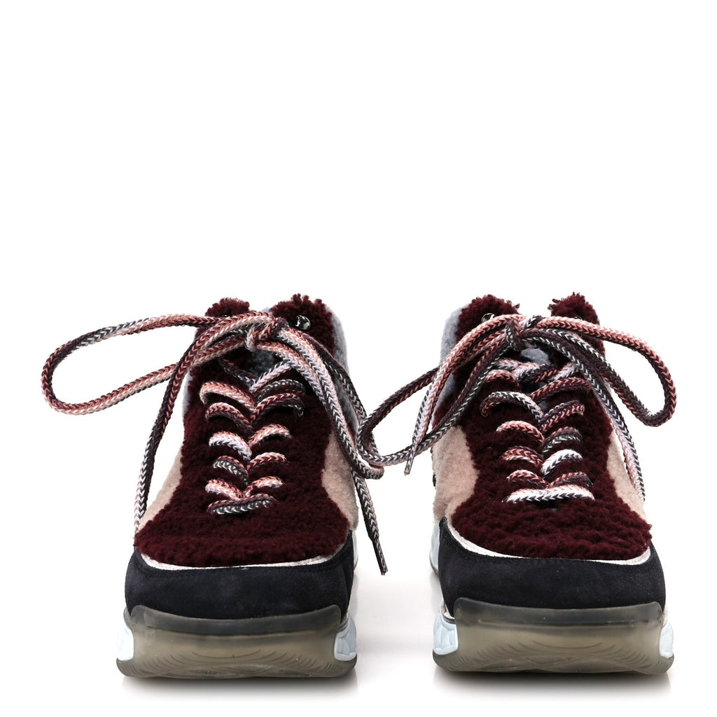 Chanel Shearling Suede CC High Top Sneakers 39 Grey Pink Burgundy