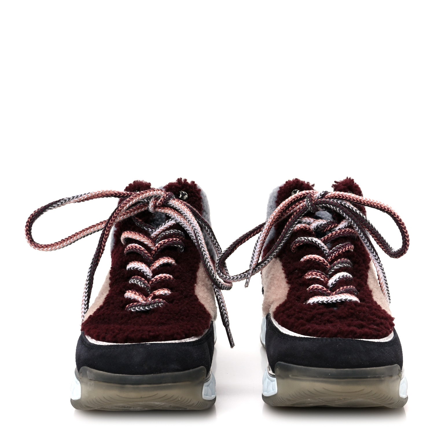 Chanel Shearling Suede CC High Top Sneakers 39 Grey Pink Burgundy
