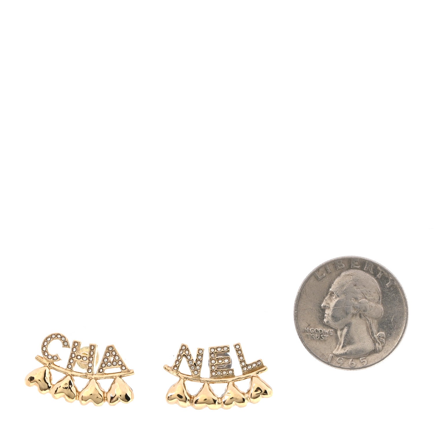 Crystal Heart Cha-Nel Logo Earrings Gold