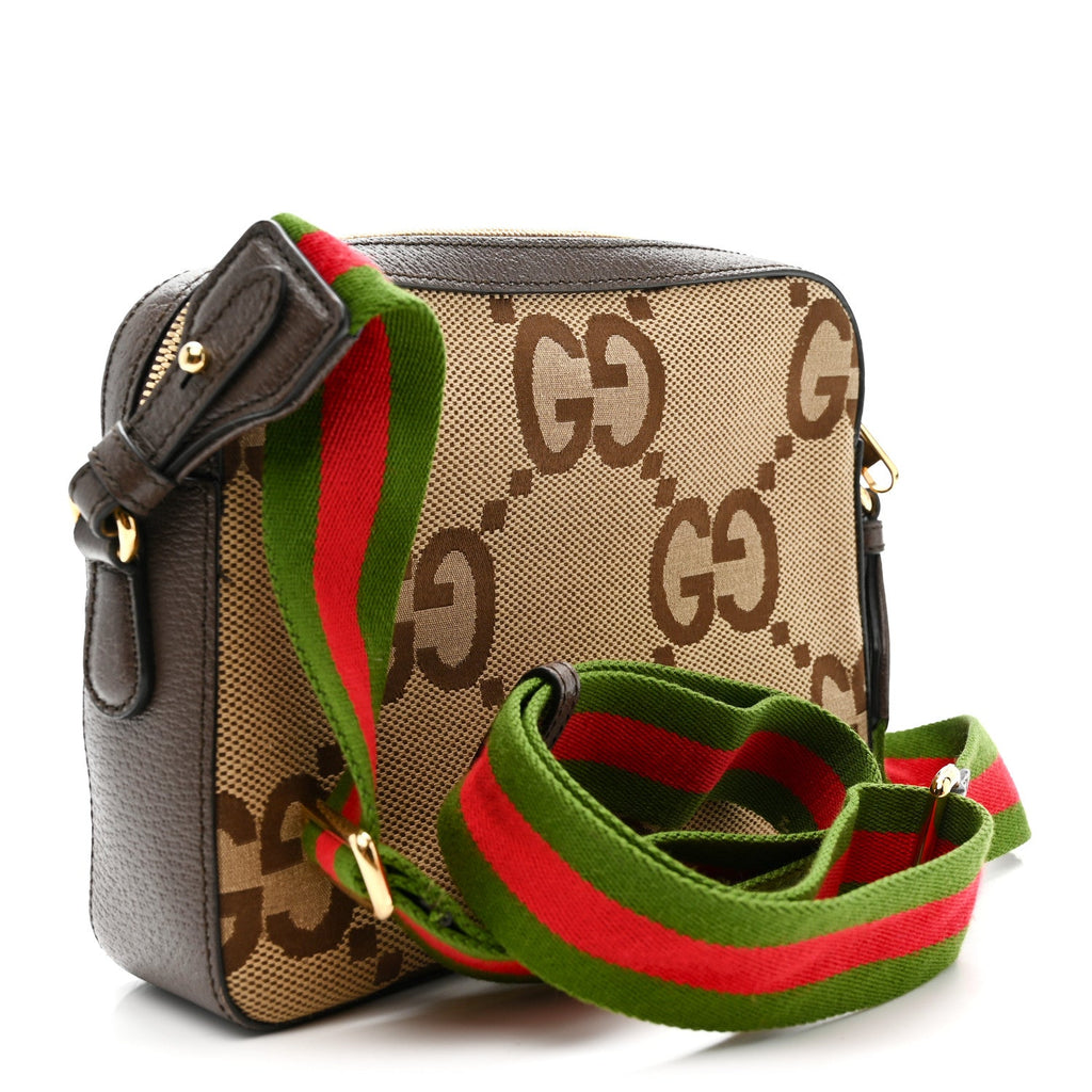 Gucci Monogram Jumbo GG Textured Dollar Calfskin Web Messenger Shoulder Bag Camel Ebony New Acero