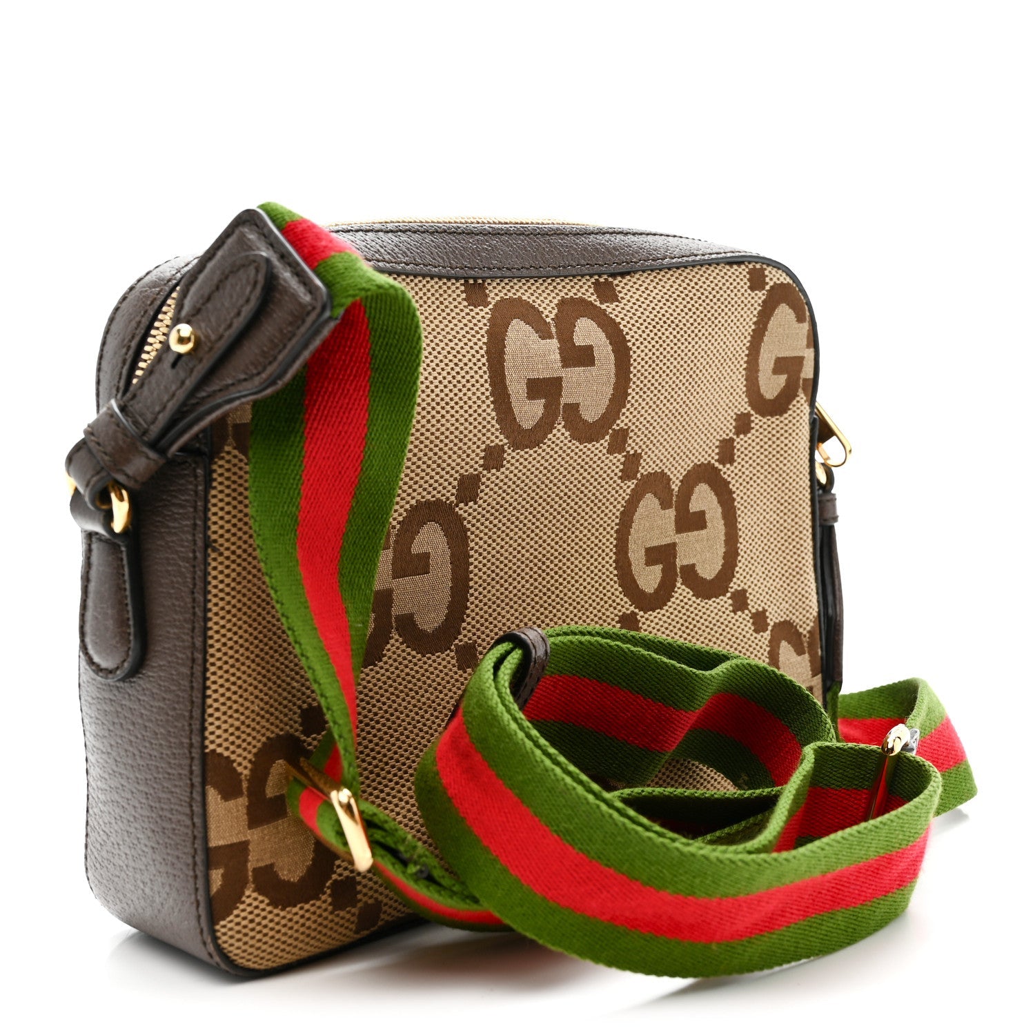 Gucci Monogram Jumbo GG Textured Dollar Calfskin Web Messenger Shoulder Bag Camel Ebony New Acero