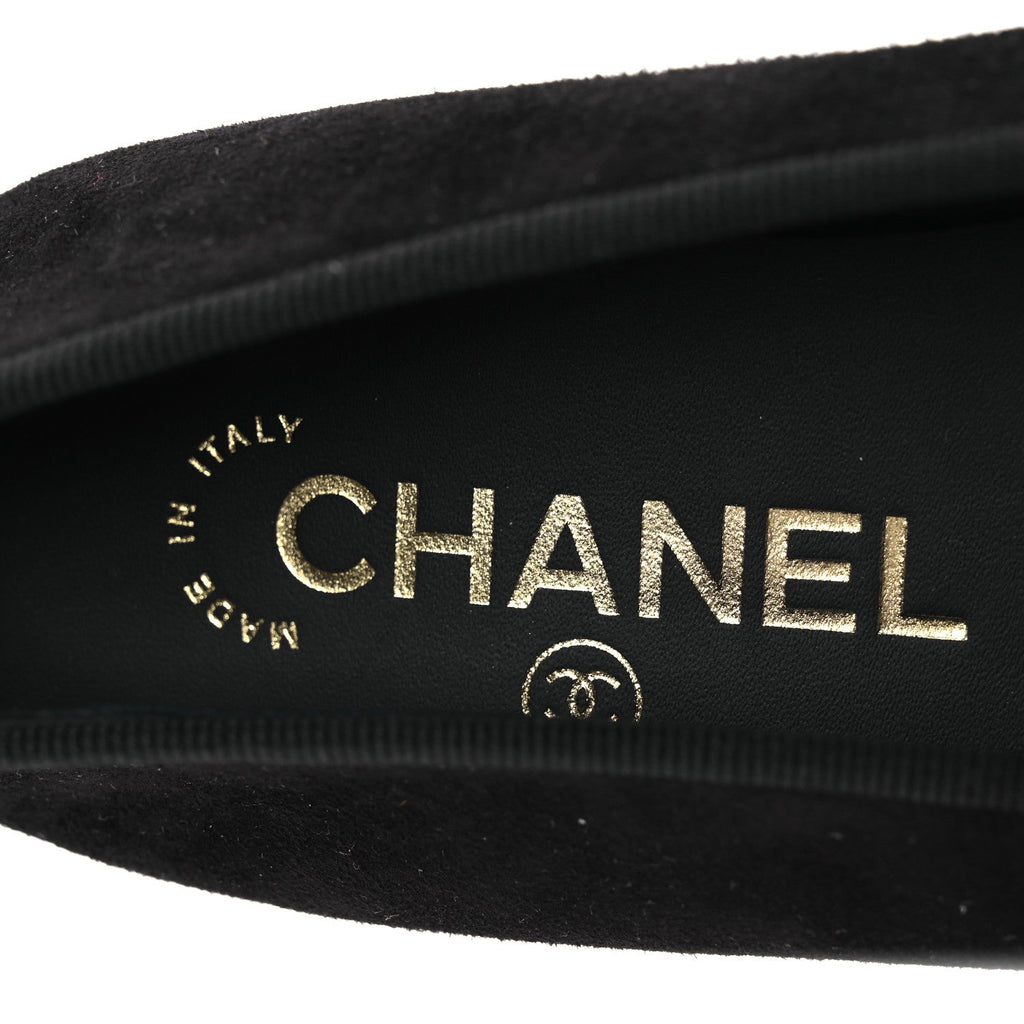 Chanel Suede Crackled Laminated Calfskin Cap Toe Ballerina Flats 36.5 Black Gold