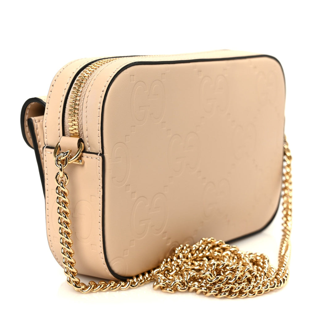Gucci Calfskin GG Super Mini Debossed Chain Wallet Light Beige