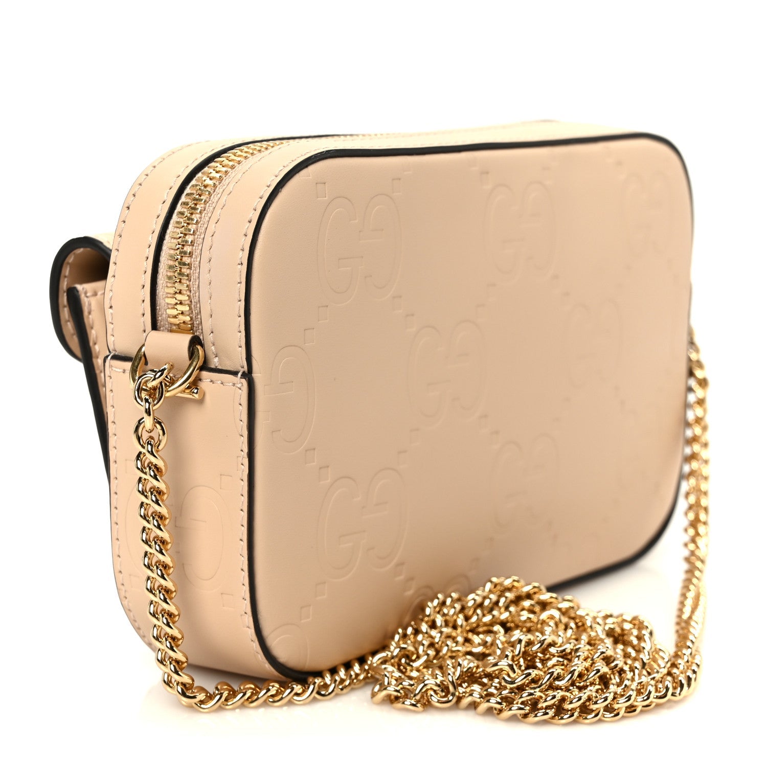 Gucci Calfskin GG Super Mini Debossed Chain Wallet Light Beige