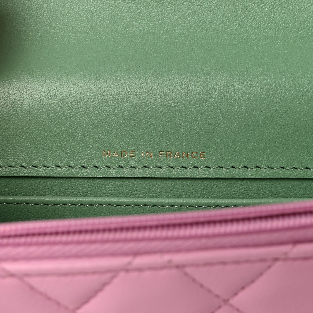 Chanel Lambskin Quilted Flap Phone Holder With Chain Lilac Light Green