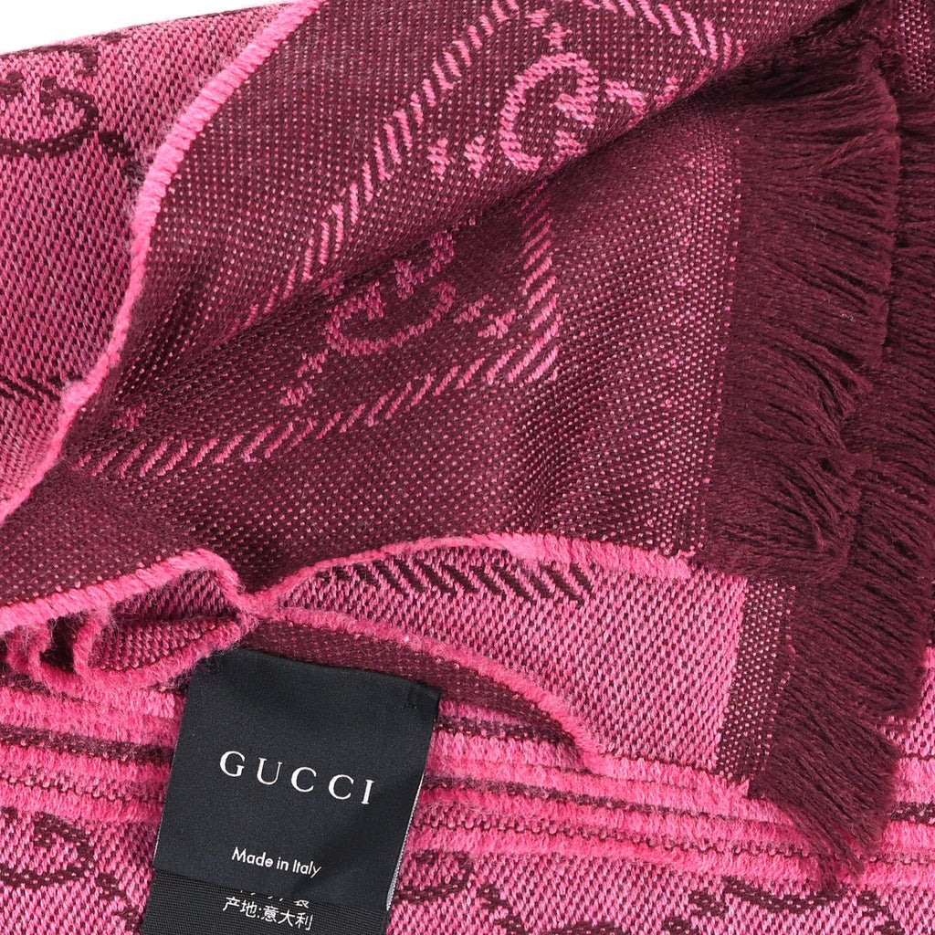 Gucci Wool Jacquard GG Monogram Sten Fringe Scarf Magenta Bordeaux
