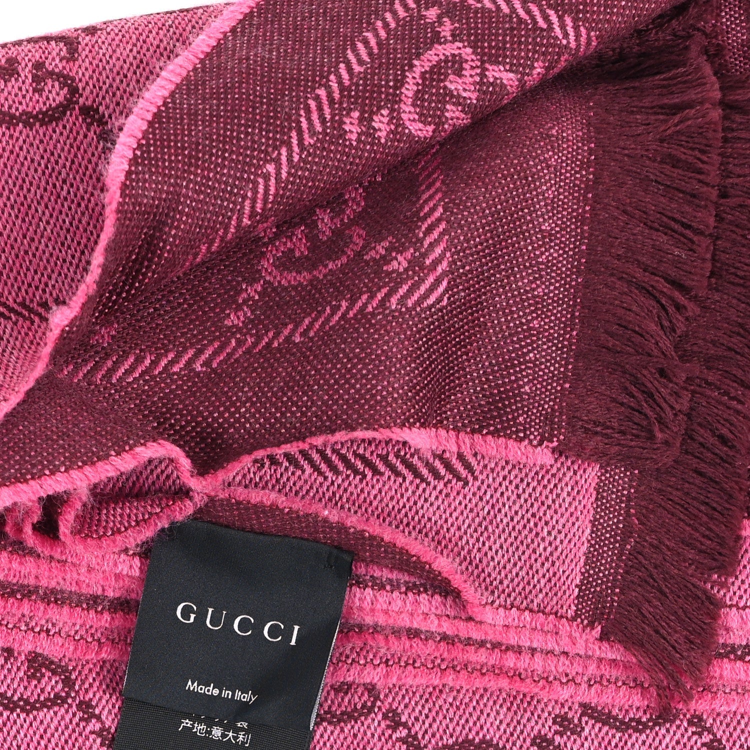 Gucci Wool Jacquard GG Monogram Sten Fringe Scarf Magenta Bordeaux