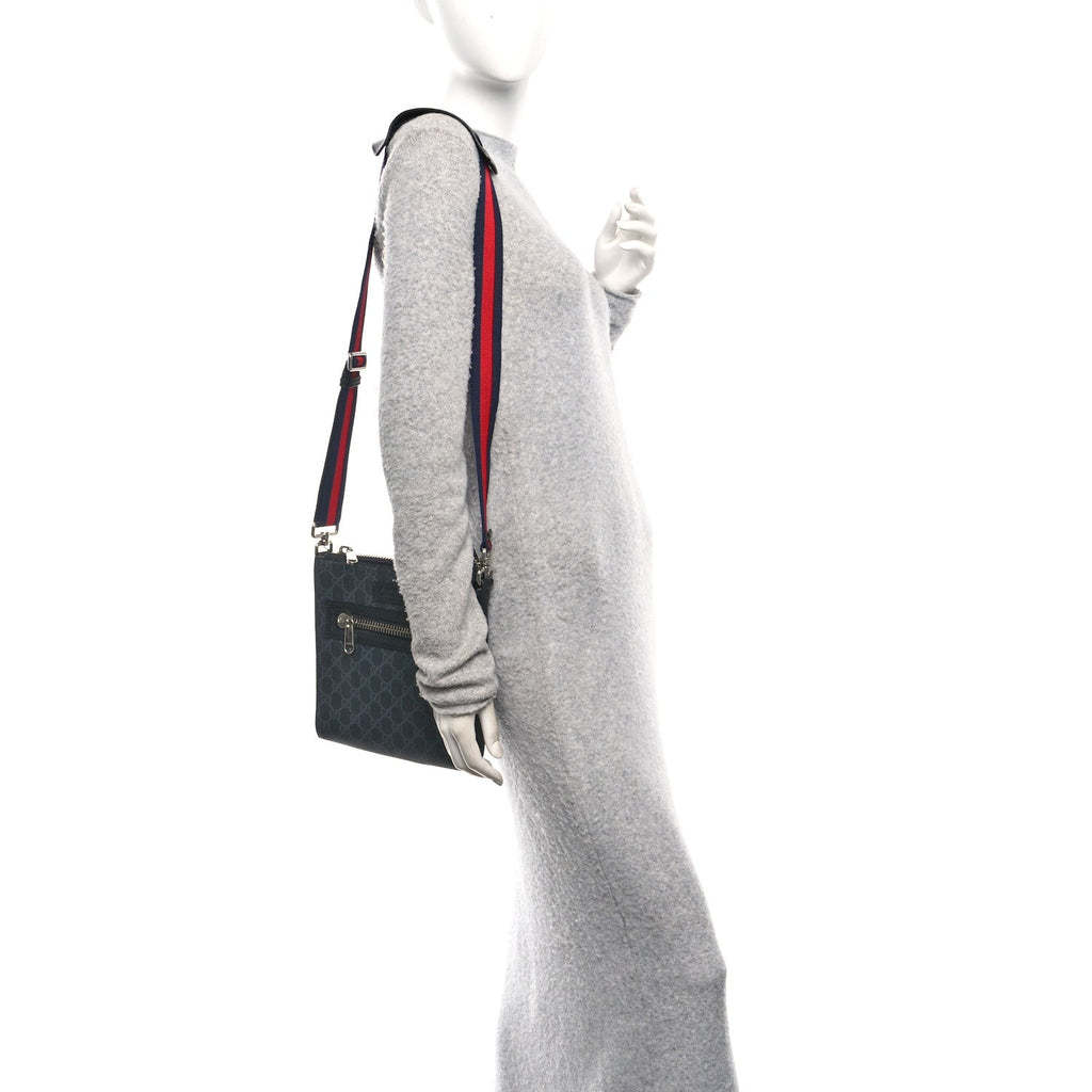 Gucci GG Supreme Monogram Web Small Flat Messenger Bag Black Grey